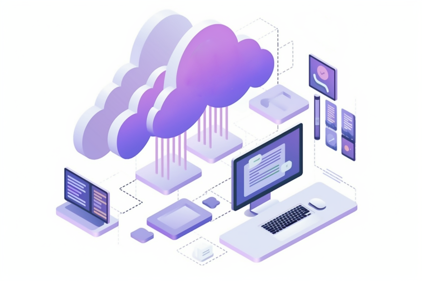 Illustration von verschiedenen IT-Systemen, die mit der Cloud verbunden sind, symbolisiert die vielfältigen Vorteile unserer Cloud-Lösungen.